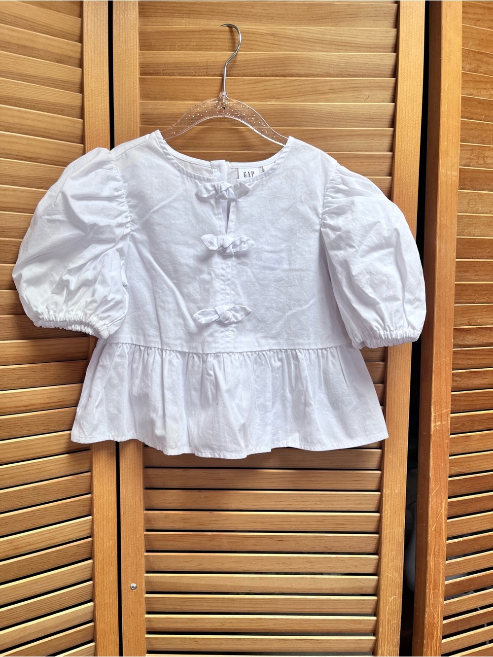 GAP White Puff-Sleeve Peplum Top with Bow Front
